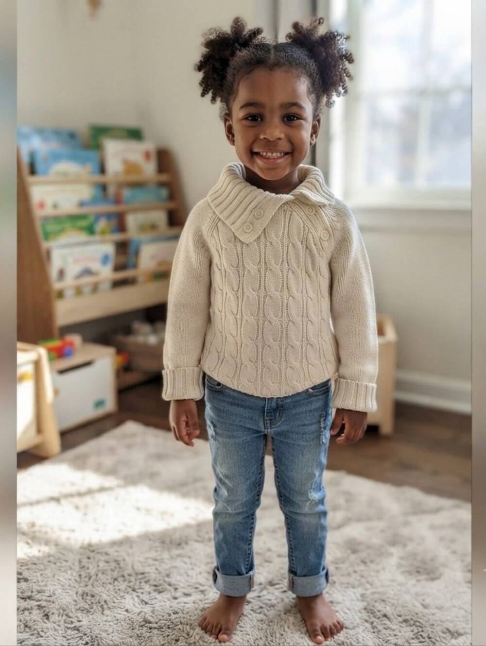 4T White Cable Knit Sweater and Blue Jeans Set